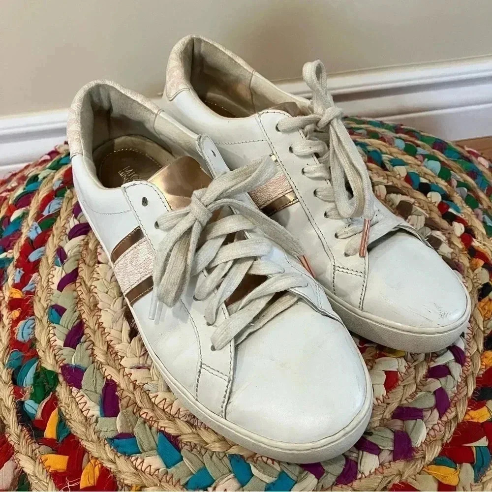 Michael  Kors rose gold white leather sneakers